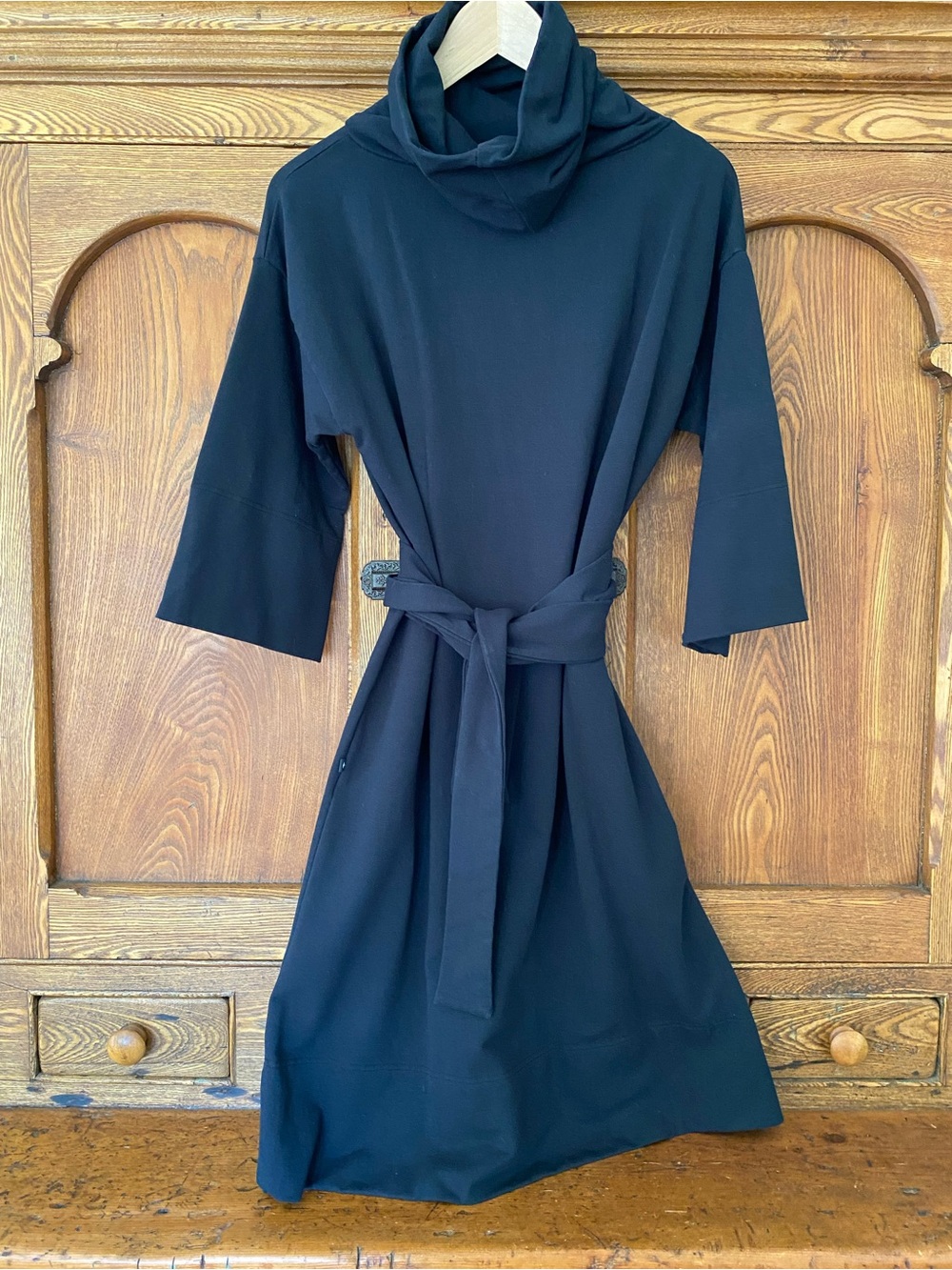Nonplus non+ black dress tunic belted turtleneck cotton jersey M L
